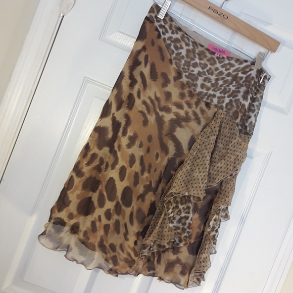 Vintage Dresses & Skirts - Silk Scarf Skirt Fringe Leopard Animal Print 8